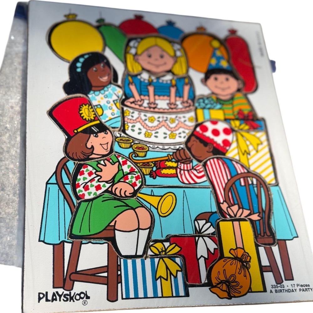 Vintage 70s Playskool‎ Birthday Party Wood Inset Puzzle 17 Piece Toy nostalgia